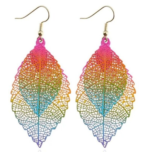Double Colorful Lacey Leaves Dangle Earrings Pink Yellow Blue - Picture 1 of 6